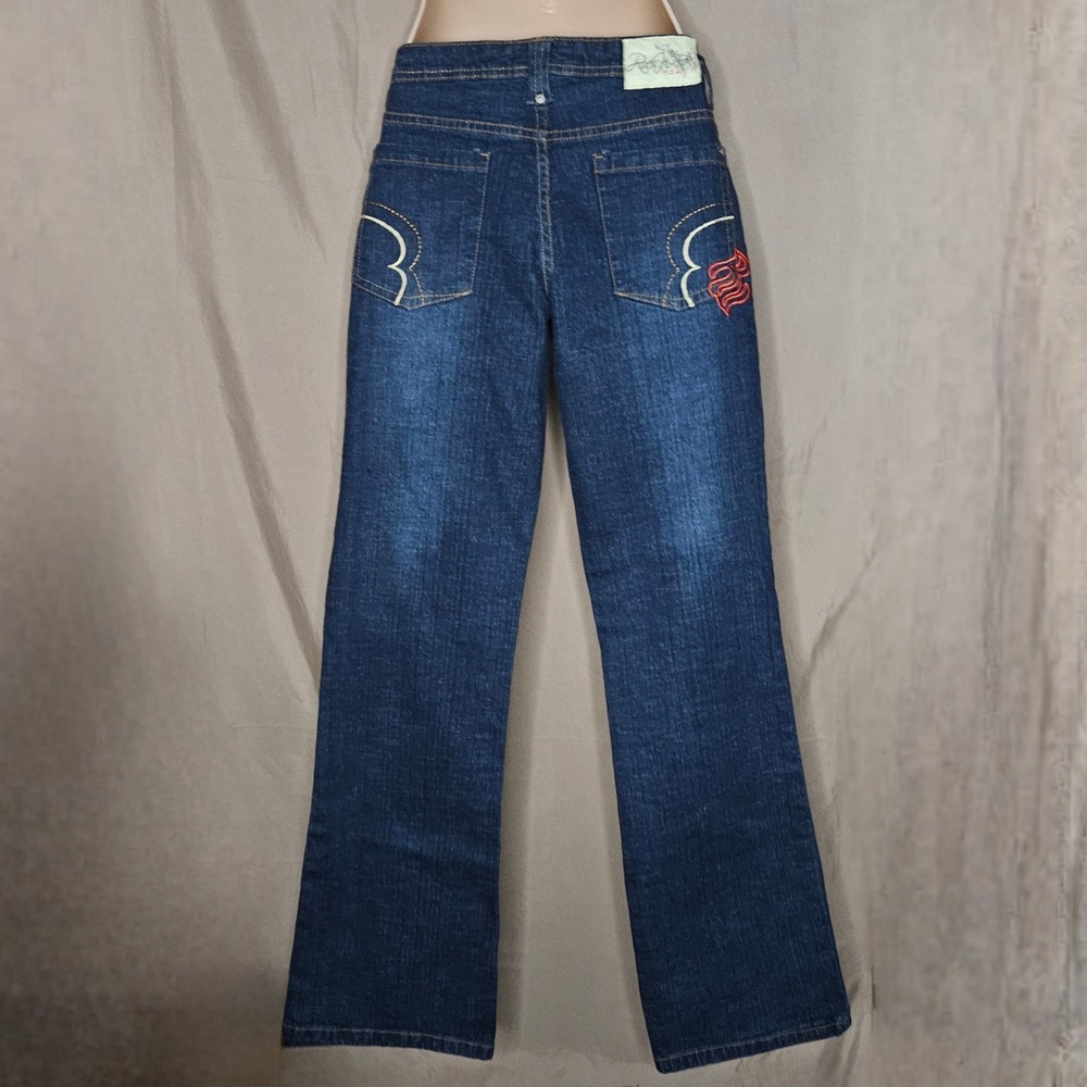Rocawear Denim Jeans Dark Wash Embellished Patches Bootcut - Picture 2 of 5